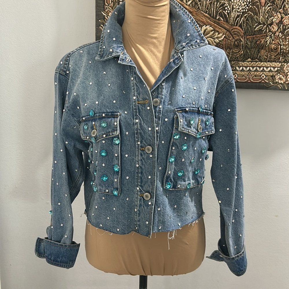 Custom Made Evil Eye New With Tags Love Tree Bling Denim Cut off Jacket. Size M - Picture 8 of 17